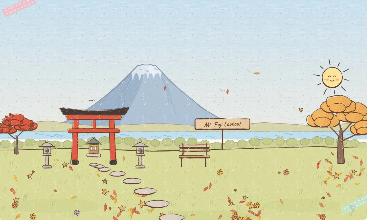 The Mt. Fuji Lookout from the game: Mt. Fuji over a lake, a red torii, stone lanterns and a bench