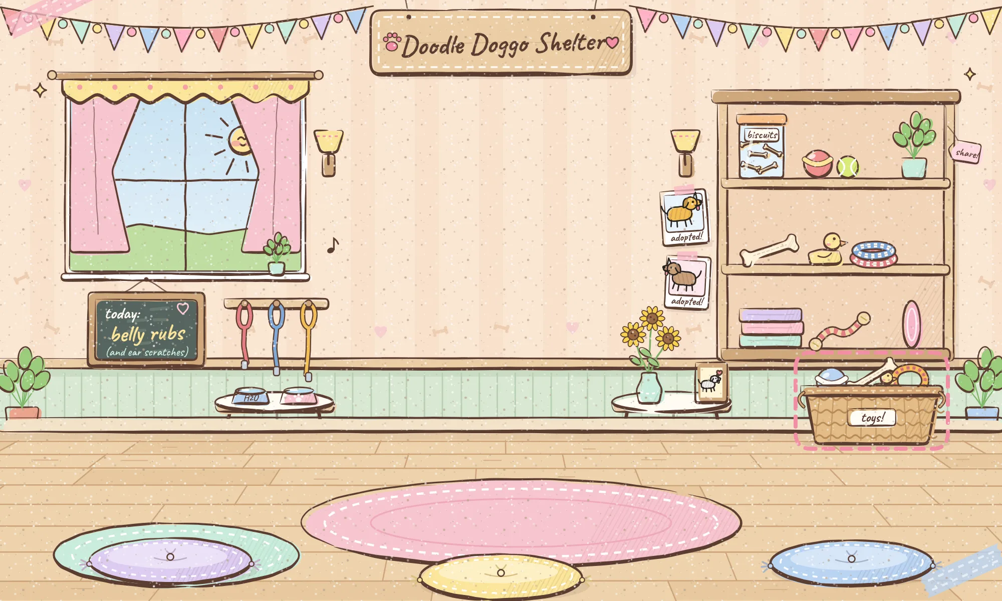 The Shelter Playroom from the game: bunting, a toy shelf, a basket of toys and floor cushions, with crayon dogs playing
